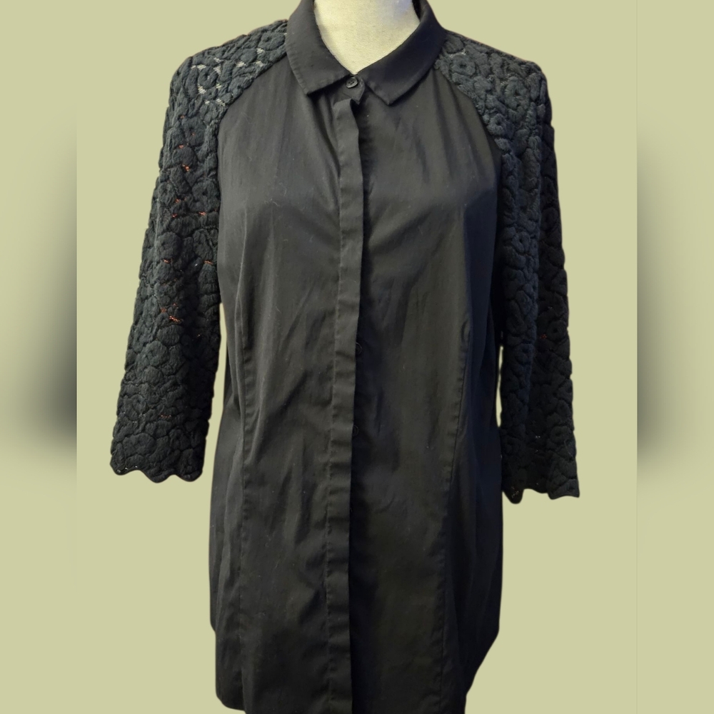 Lafayette 148 New York Black Button Down Shirt with Lace Sleeves